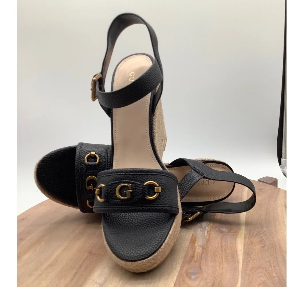 GUESS Hisley Black‎ Pebbled Espadrille Wedge Sandals Gold G Logo Mens 11 M NEW